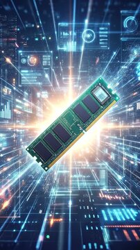 Computer RAM module floating over digital data background. High-speed memory technology and hardware processing. Panning camera movement.
