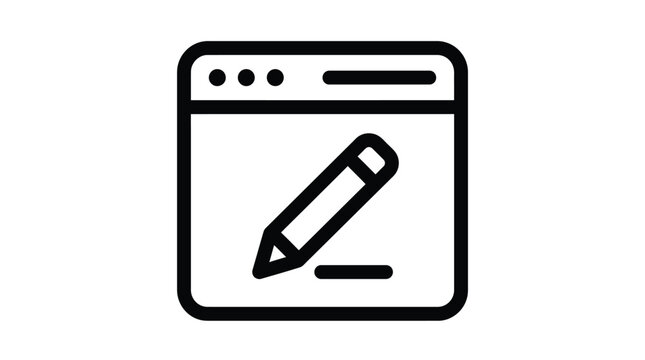 Minimalist black and white vector illustration of a web browser window featuring a pencil icon