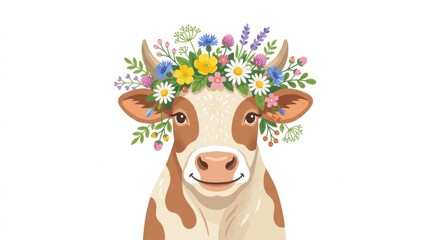 Fototapeta premium Cute Cartoon Cow with Colorful Flower Crown Illustration
