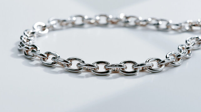 白い背景に置かれた輝くシルバーチェーンのネックレス