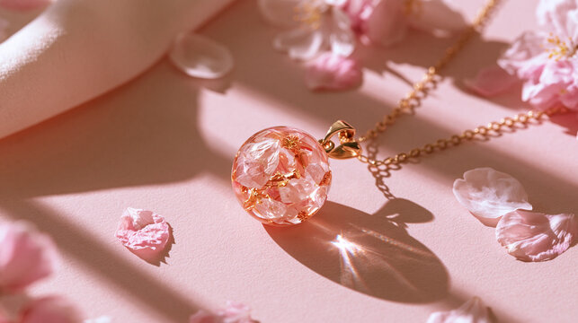 桜の花びら入りレジン球体ネックレス