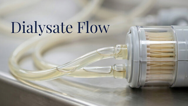 Closeup of dialysate flow through a medical devices tubing and filter on a stainless steel surface in a hospital setting
