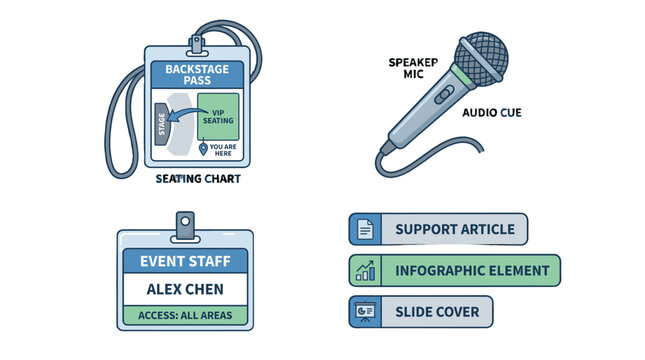 Event planning vector set with badges, microphone, and labels