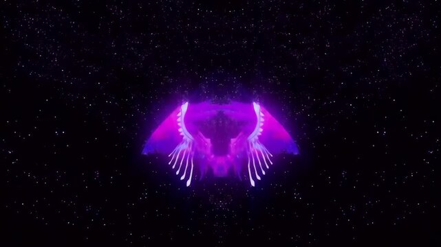 Abstract glowing purple wings flapping against a dark starry background