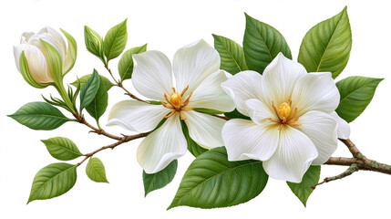 Fototapeta premium White gardenia blossoms flowers branch, spring flowers on a white background