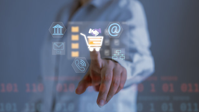 procurement business management supply.Business professional using a digital procurement interface with supplier and purchasing icons, illustrating smart sourcing and workflow optimization.