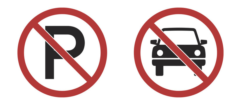 No parking and no car prohibition sign icons, traffic restriction symbols, road regulation and transportation safety flat vector illustration set.