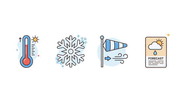 Weather forecast icon set with thermometer snowflake wind sock