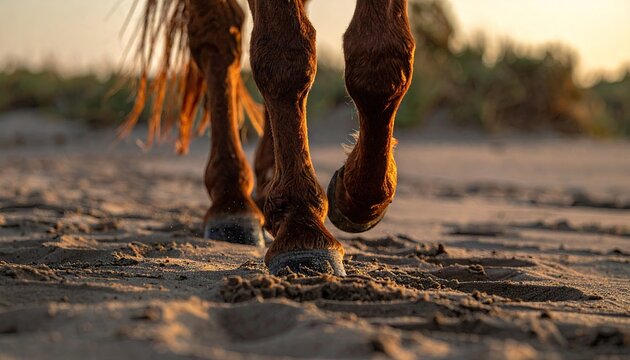 Close up of a horse walking on sand at sunset capturing motion