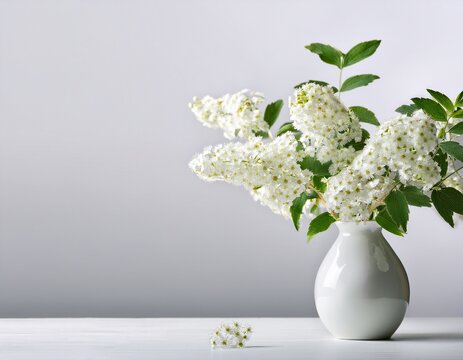 white spirea in vase on white background with text space