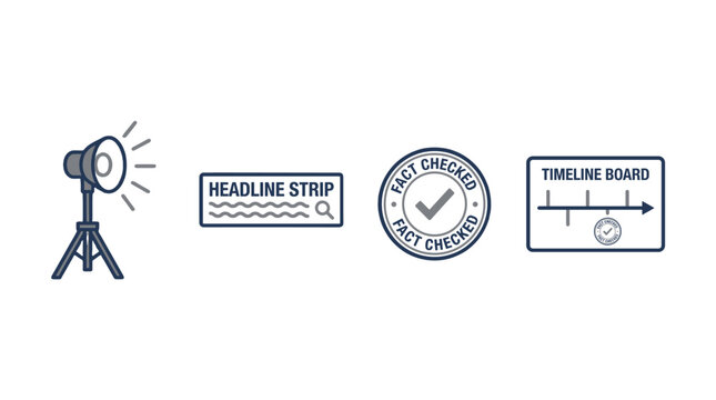 Journalism fact checking pictogram set with spotlight and timeline