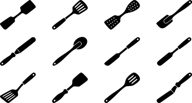Kitchen spatula silhouette icon set, flat black glyph style, pure white background