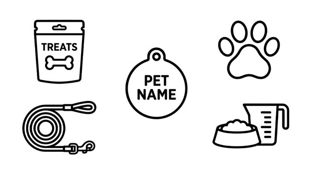 Pet care accessory line icon set with treats, tag and leash
