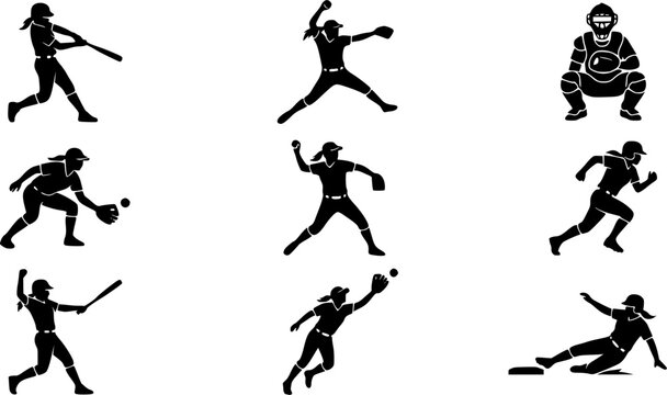 Softball player silhouette icon set, flat black glyph style, pure white background