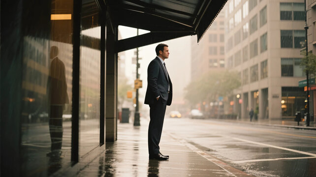 Businessman walking quickly and checking the weather on a rainy city street