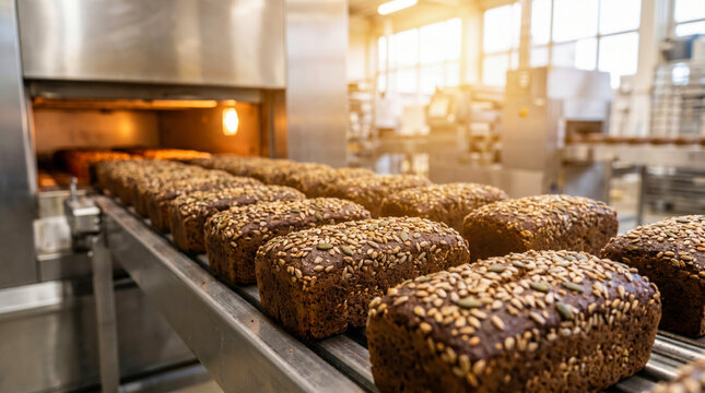 Breads are cooking in an oven as they move along a conveyor belt in a bakery. The light from the oven creates a warm glow in the workshop. Workers are busy preparing more products