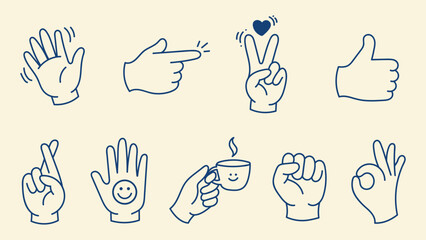 Fototapeta premium Doodle Hand Gestures Set Featuring Various Signs And Signals Isolated On Pale Background For Creative Design Projects And Playful Communication