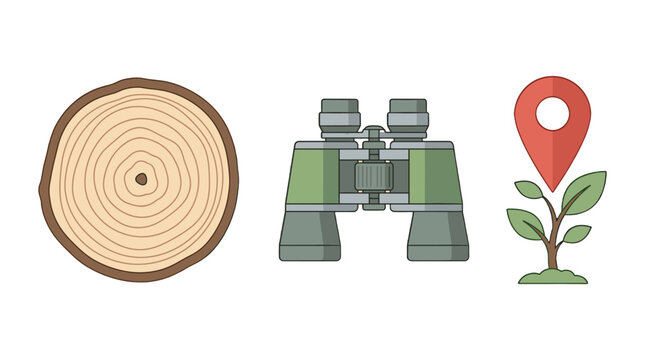 Forestry survey vector set with log cross section and binoculars