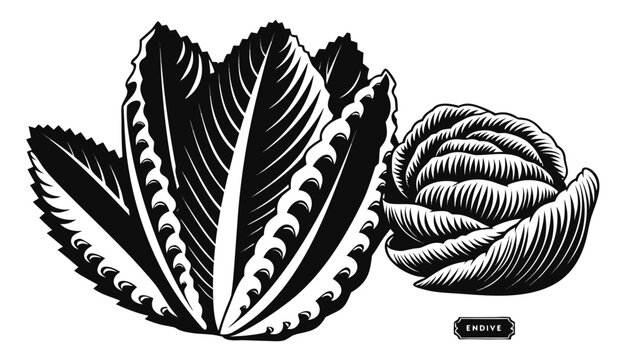 Very beautiful black-and-white engraved vector illustration featuring endive leaves with layered textures, refined botanical details, and an engraved label reading "ENDIVE", isolated on white backgrou