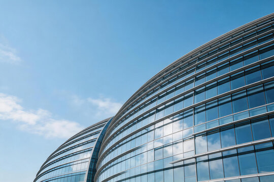 Modern Curved Glass Office Building Reflecting Partly Cloudy Sky