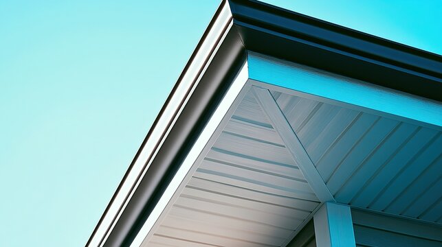 White eaves soffit and dark rain gutter on modern house, sharp lines under blue sky, bright daylight, minimal construction detail