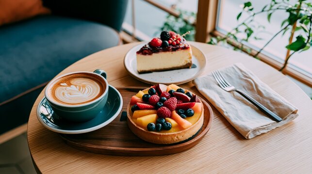cozy cafe interior with latte art and elegant dessert presentation