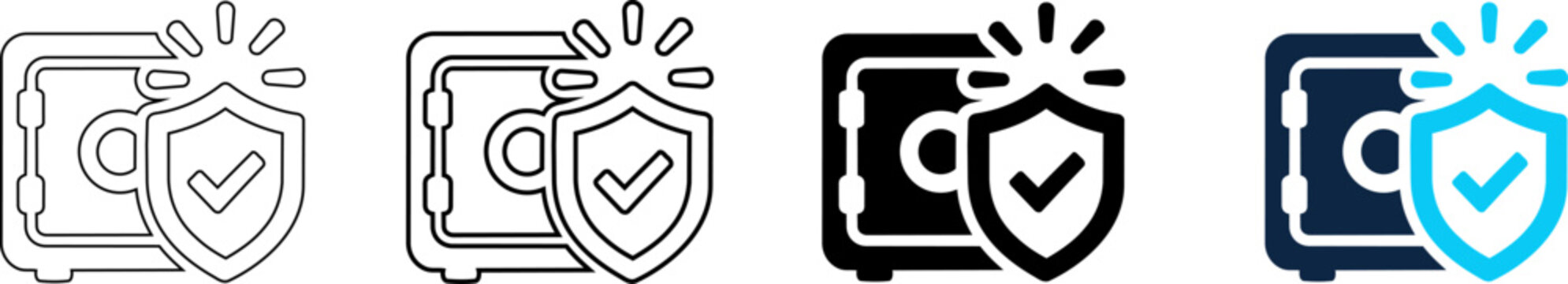 Set of safe box icons with shield and check mark, secure storage symbols, vector illustration editable line icons and editable vector illustration