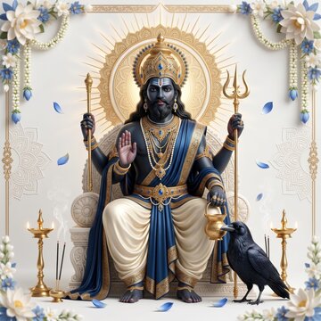 Majestic shani dev hindu deity sitting on an ornate throne with a crow and traditional lamps in a decorative floral setting for spiritual worship and divine blessings in a cultural art style