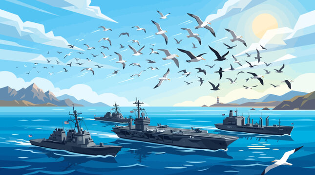 Naval ships and seagulls coexist peacefully at sea