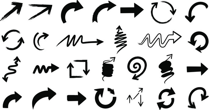 Collection of hand drawn black arrow icons and circular flow symbols