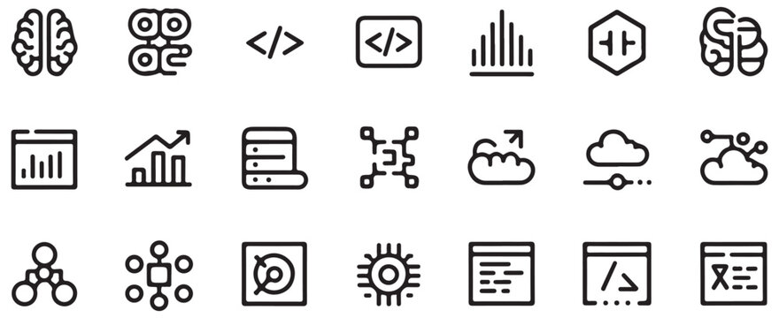 Data science and programming line icon set for software development and cloud computing web.