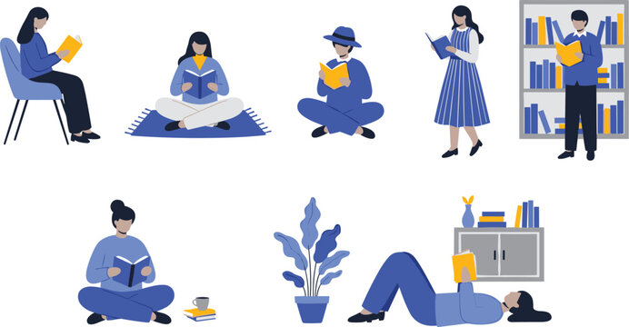 People reading books vector character set featuring flat design men and women studying with blue and yellow palette.