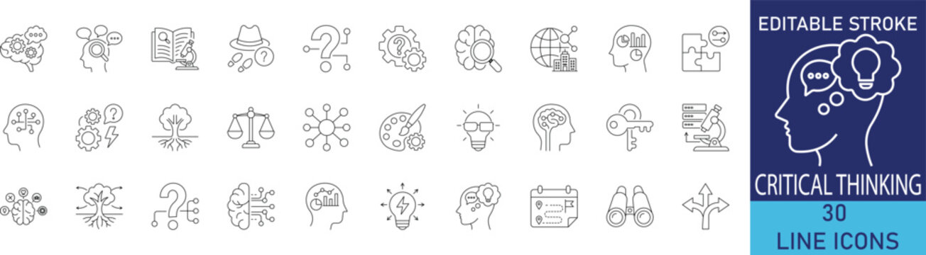 Modern critical thinking vector icon set featuring analysis, problem solving, and decision-making elements in clean minimal style.