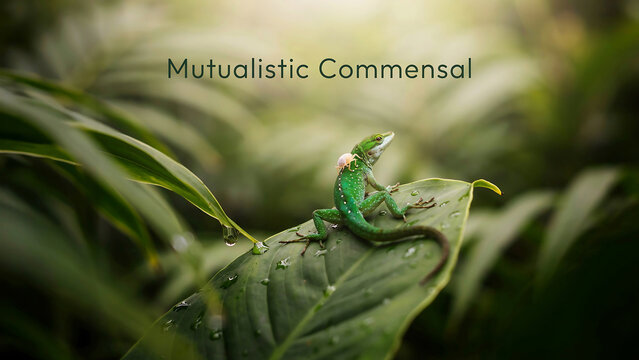 Green lizard on a leaf with water drops in a natural outdoor environment with plants and foliage around  wildlife scene