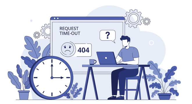 Man experiencing request time-out and 404 error on laptop, frustrated by slow internet connection or server issues while working at desk.