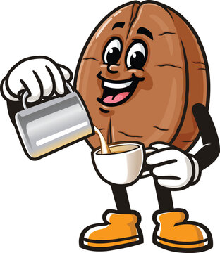 Coffee bean cartoon mascot is being a barista