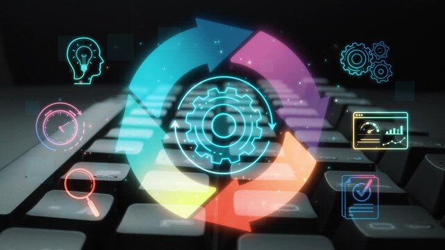 Colorful digital illustration featuring gears, light bulbs, and data charts symbolizing innovation, technology, and growth on a keyboard backdrop for stock photo use Sigmoid
