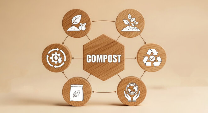 Compost cycle diagram with wooden elements and environmental icons on a neutral background