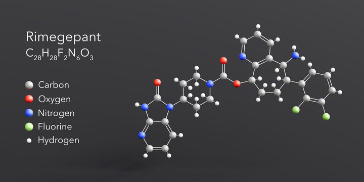rimegepant molecule 3d rendering, flat molecular structure with chemical formula and atoms color coding