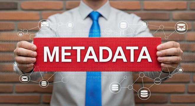 Man in blue tie holding red sign with metadata text against brick wall with connection icons