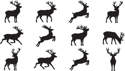 Fototapeta premium Deer Silhouette Black Icon Set Stag Antlers Running Jumping