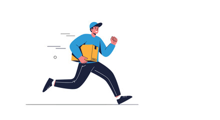 Fototapeta premium Delivery courier man in blue uniform running fast to deliver a cardboard box package isolated on white background.