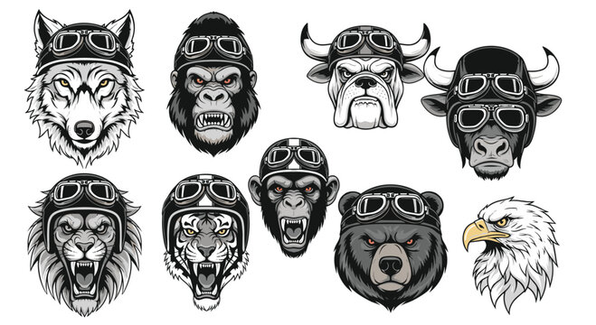 Artistic set of fierce animal heads including a wolf, gorilla, and eagle wearing classic black pilot helmets with goggles.
