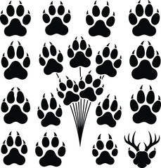 Fototapeta premium Animal paw prints and deer antlers silhouette collection