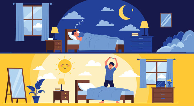 Dual panel vector illustration showing a man sleeping in bed at night and waking up to stretch in the early morning.
