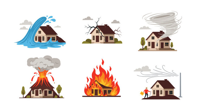 Collection of various natural disasters including fire floods and tornadoes depicts the destructive power of environmental events.