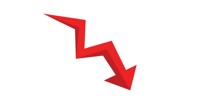 Red zigzag arrow pointing downwards illustrates a sharp decline in financial markets or a sudden economic crisis in business.