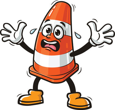 Traffic cone cartoon mascot is panicking and scared