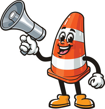 Traffic cone cartoon mascot holding a megaphone or loudspeaker