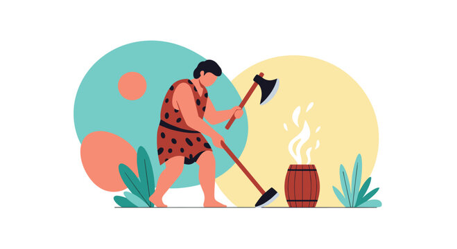 Prehistoric caveman wearing animal skin clothing using a primitive wooden axe to work near a fire and barrel.